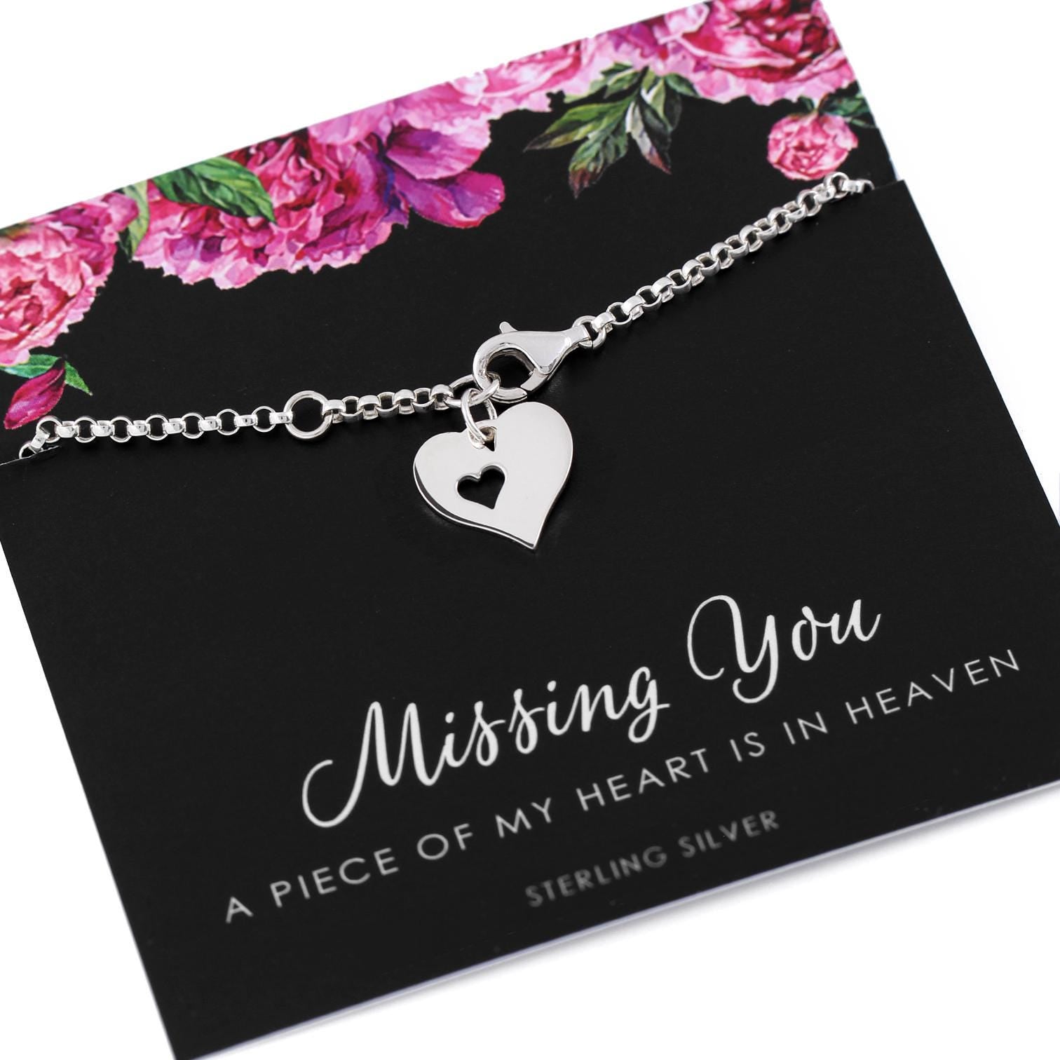 Missing You Memorial Gift Sterling Silver Heart in Heart Cutout Bracelet Hypoallergenic Adjustable 6.5 Inch + Extender Remembrance Grief