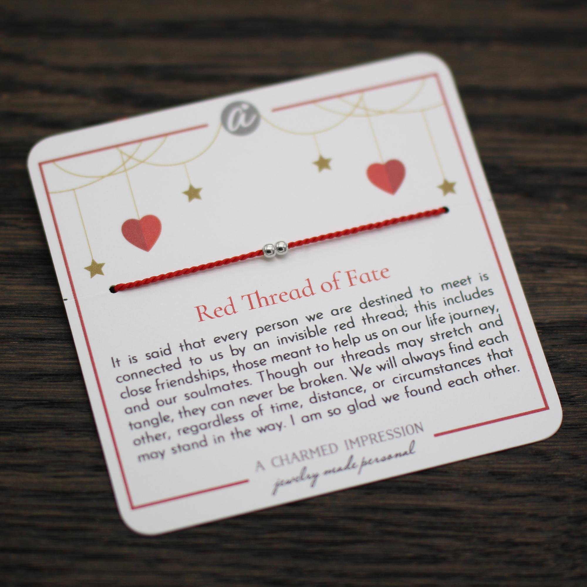 Red thread of fate on message card. 14k Gold Fill or Sterling Silver Beads.