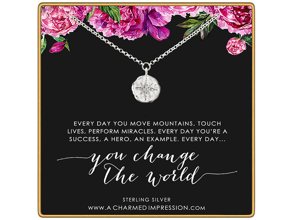 Inspirational Diamond Starburst Necklace: 14k Gold Gift for Mentor