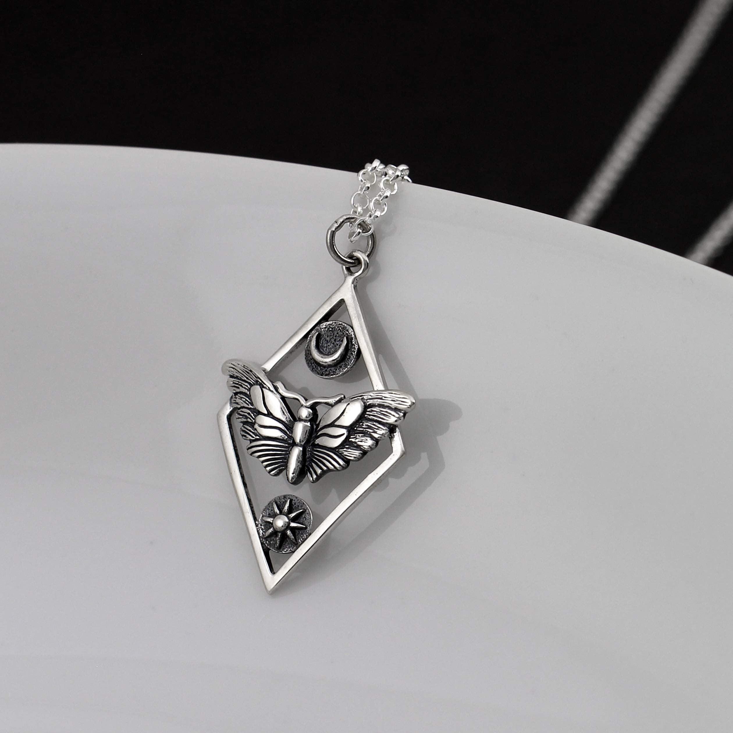Sterling Silver Moth Necklace: Sun & Moon Pendant, Adjustable Chain