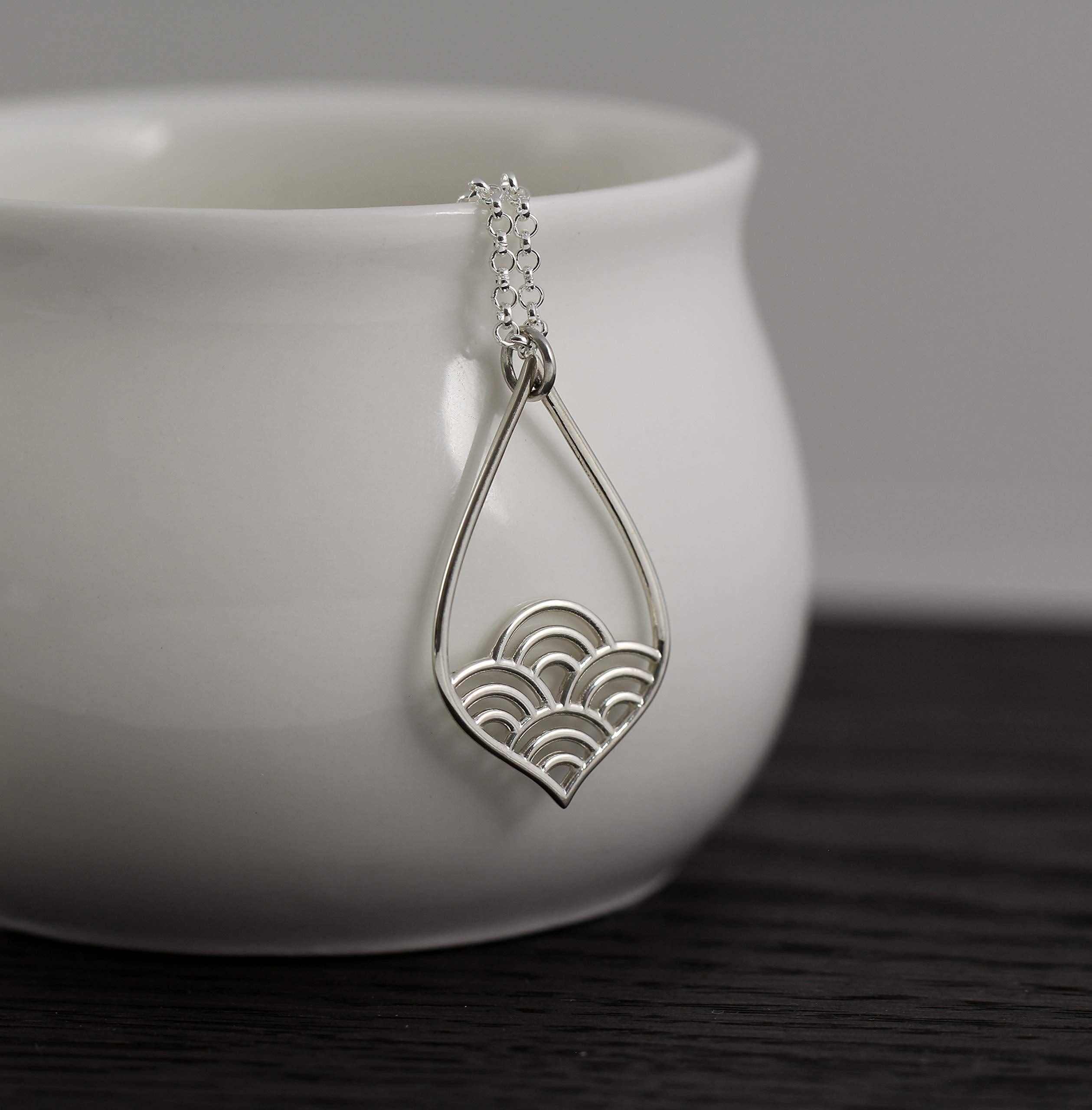 Sterling Silver Wave Teardrop Necklace: Minimalist Modern Pendant
