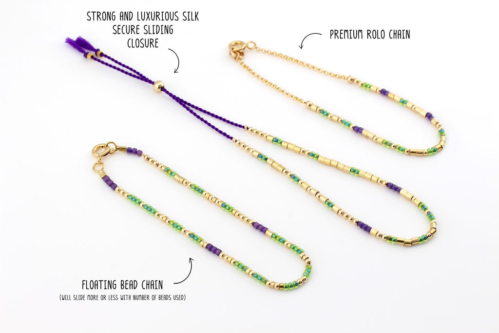 Diagram of three bracelet constructions: silk sliding closure, premium rolo chain, and floating bead chain