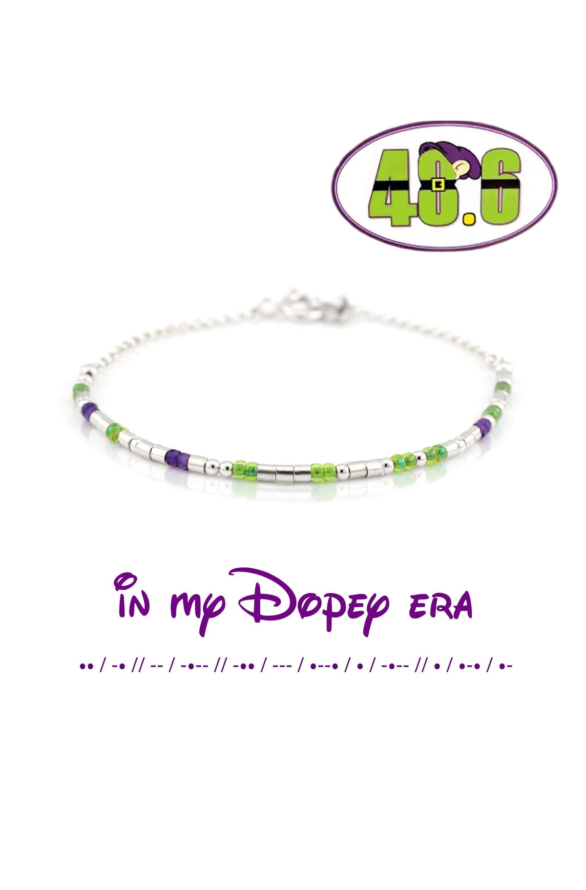 48.6 Dopey logo above a sterling silver morse code bracelet, with in my Dopey era spelled out in morse code