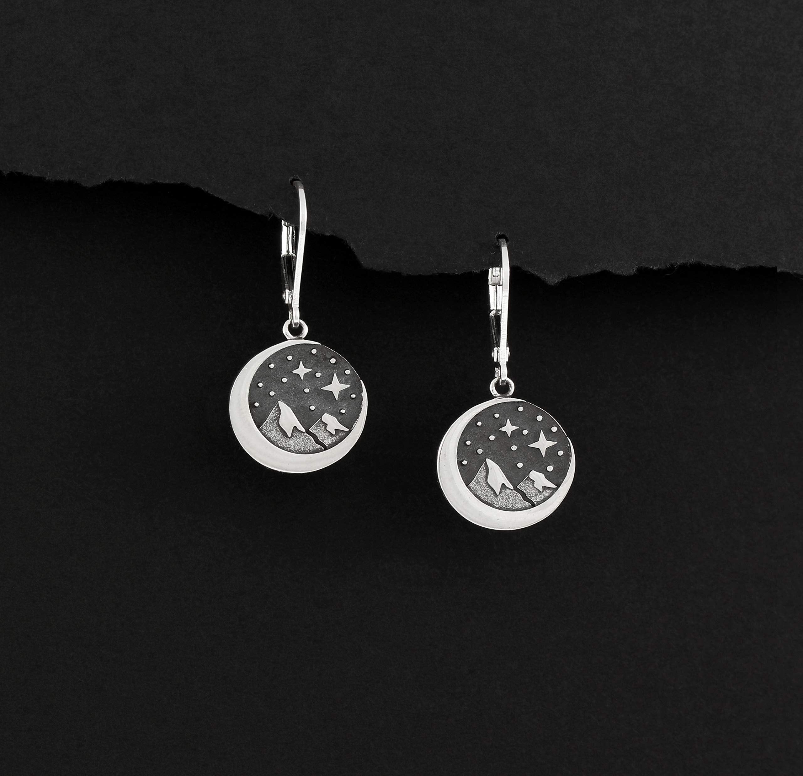 Sterling Silver Star Moon Mountain Earrings: Winter Night Leverbacks