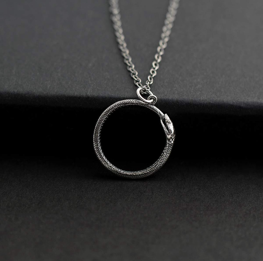 Sterling Silver Ouroboros Necklace  Serpent Circle Pendant  Silver Snake Jewelry