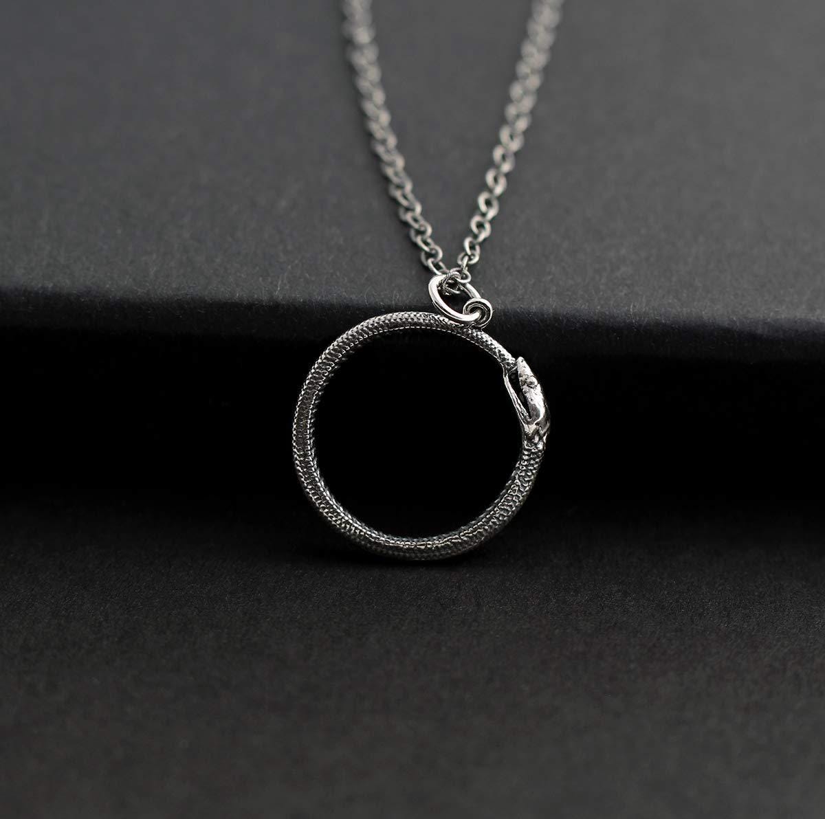 Sterling Silver Ouroboros Necklace  Serpent Circle Pendant  Silver Snake Jewelry