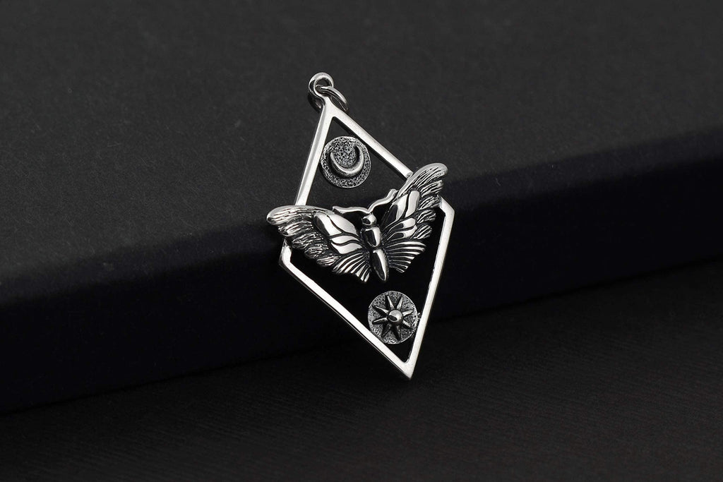 Sterling Silver Moth Necklace: Sun & Moon Pendant, Adjustable Chain