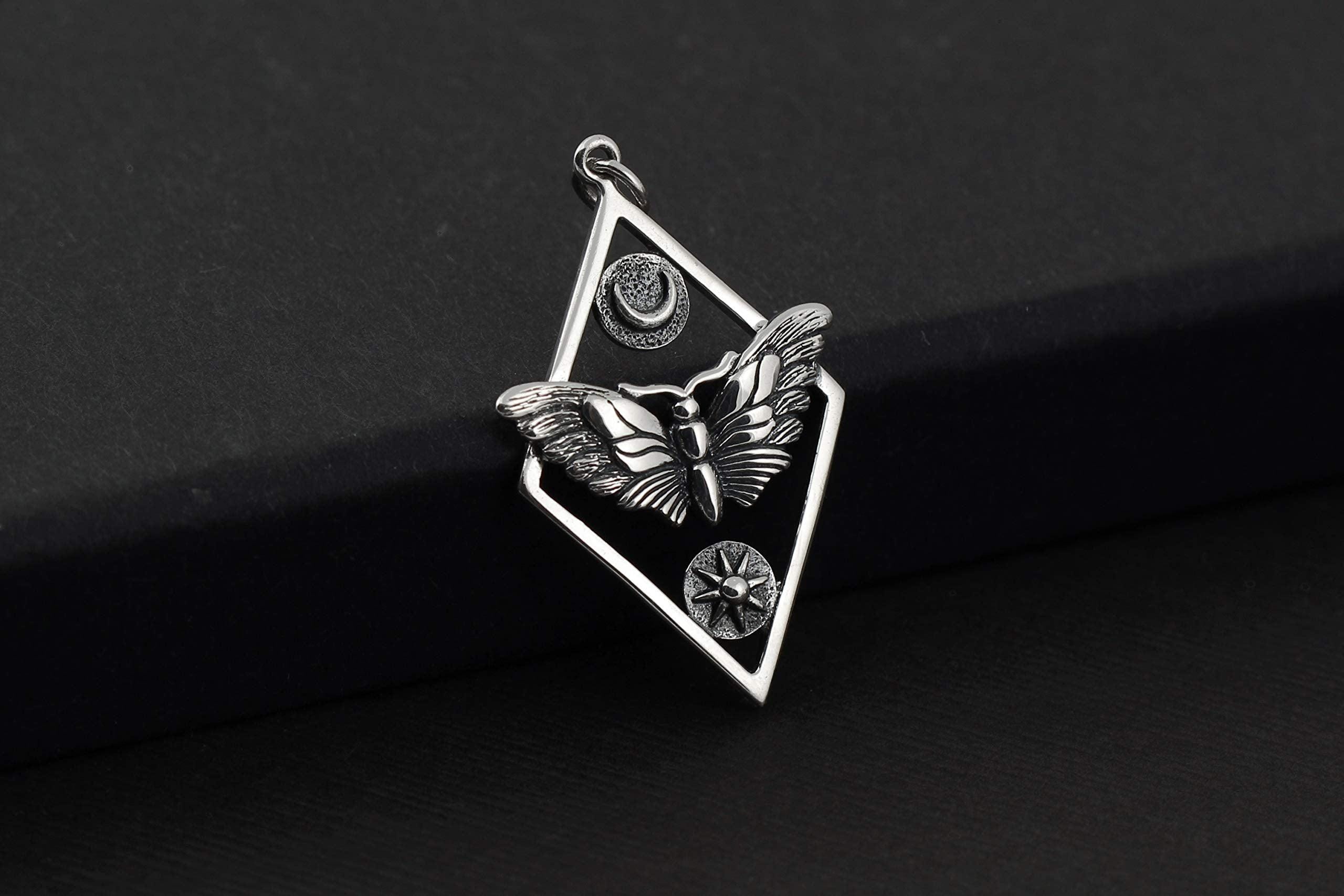Sterling Silver Moth Necklace: Sun & Moon Pendant, Adjustable Chain