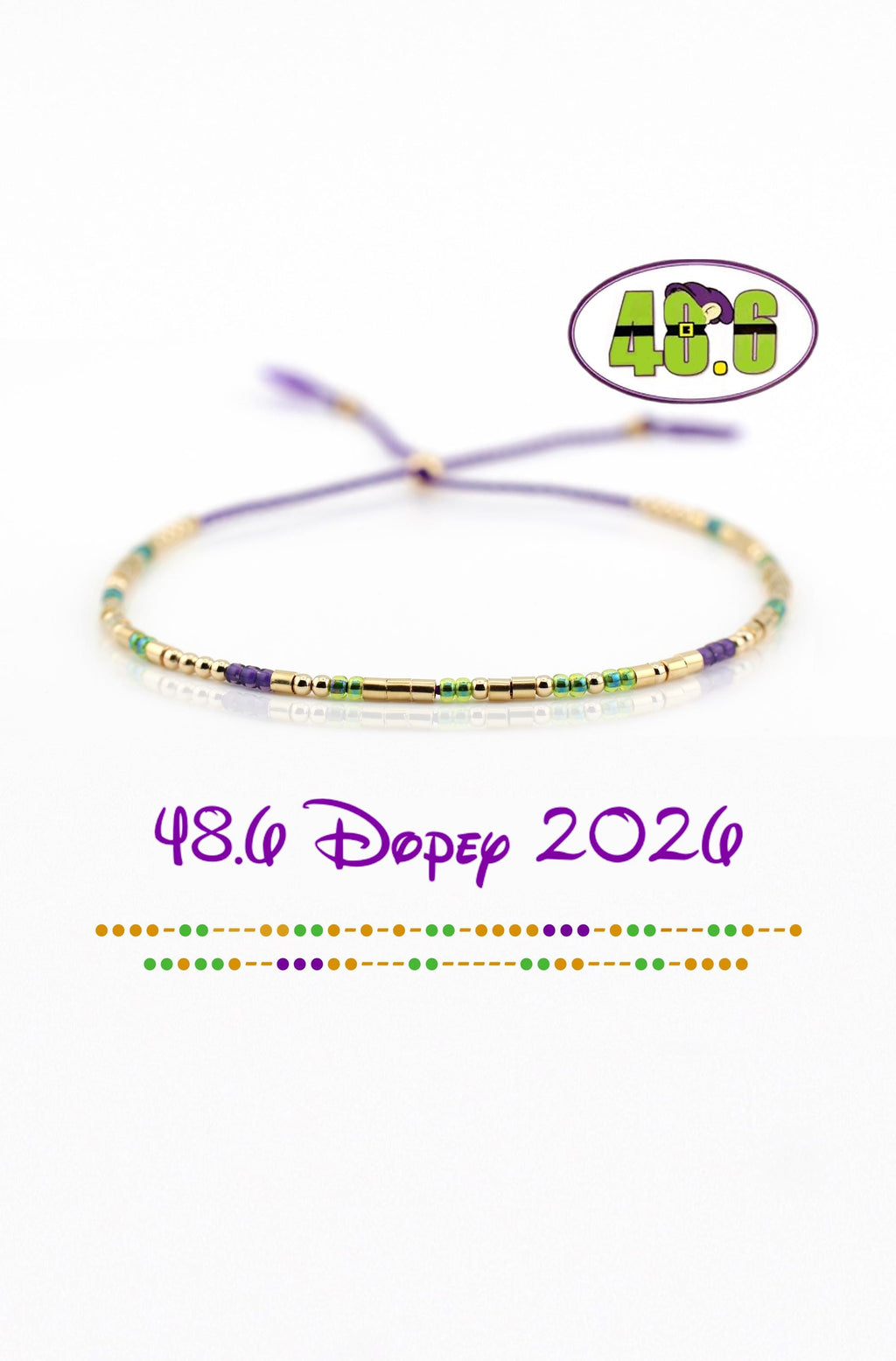 48.6 Dopey Challenge Bracelet, RunDisney Marathon, 14kt Gold or Sterling Silver, Adjustable Silk Cord, Inspirational Jewelry, Runner Gifts