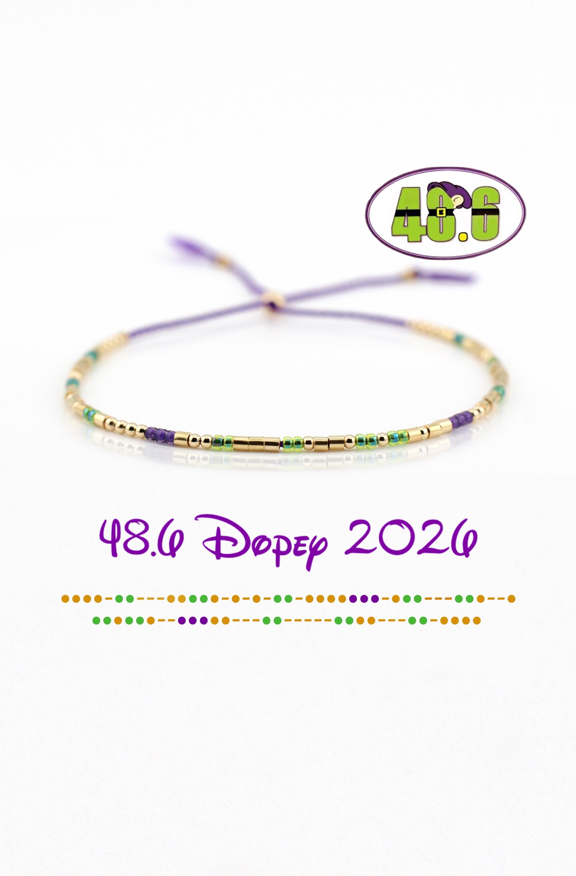 48.6 Dopey Challenge Bracelet, RunDisney Marathon, 14kt Gold or Sterling Silver, Adjustable Silk Cord, Inspirational Jewelry, Runner Gifts