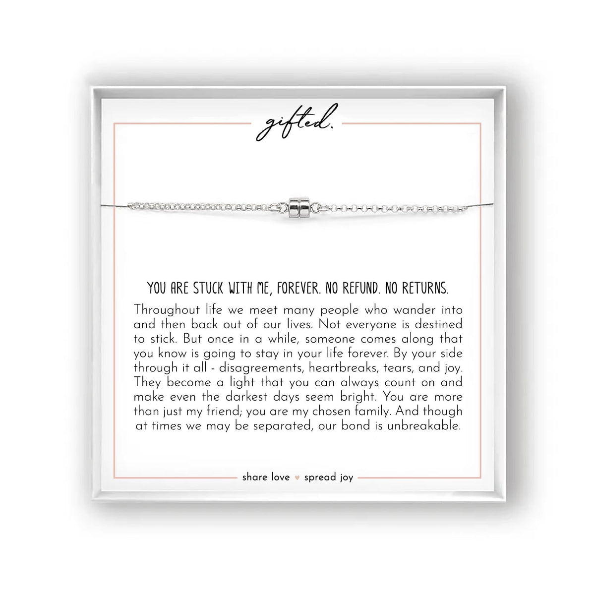 Sterling silver chain with a sterling silver magnetic clasp, on the gifted. message card.
