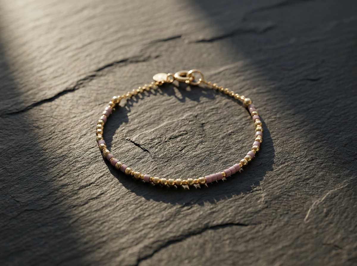 A beaded Morse code bracelet photographed on dark slate