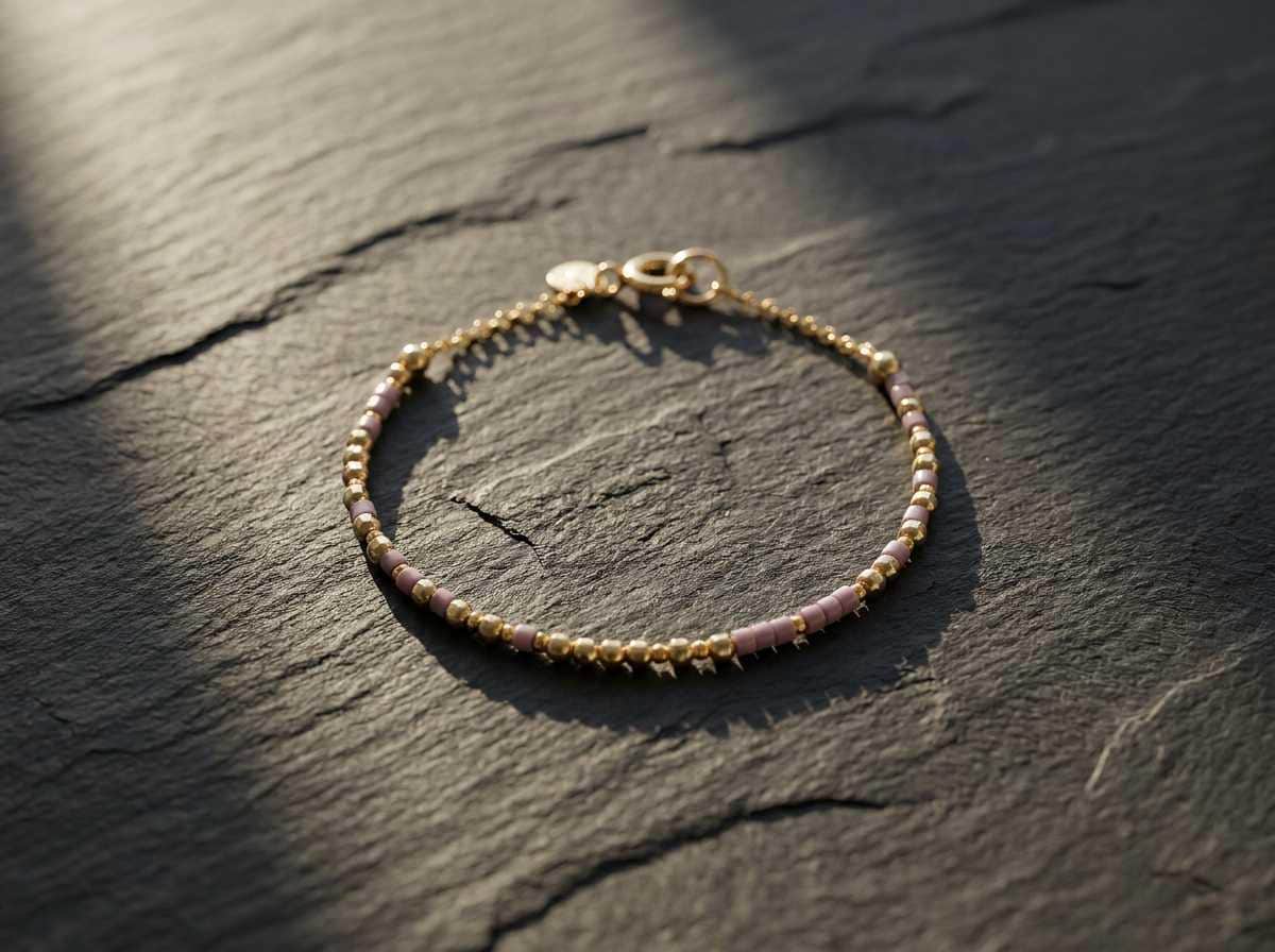A beaded Morse code bracelet photographed on dark slate
