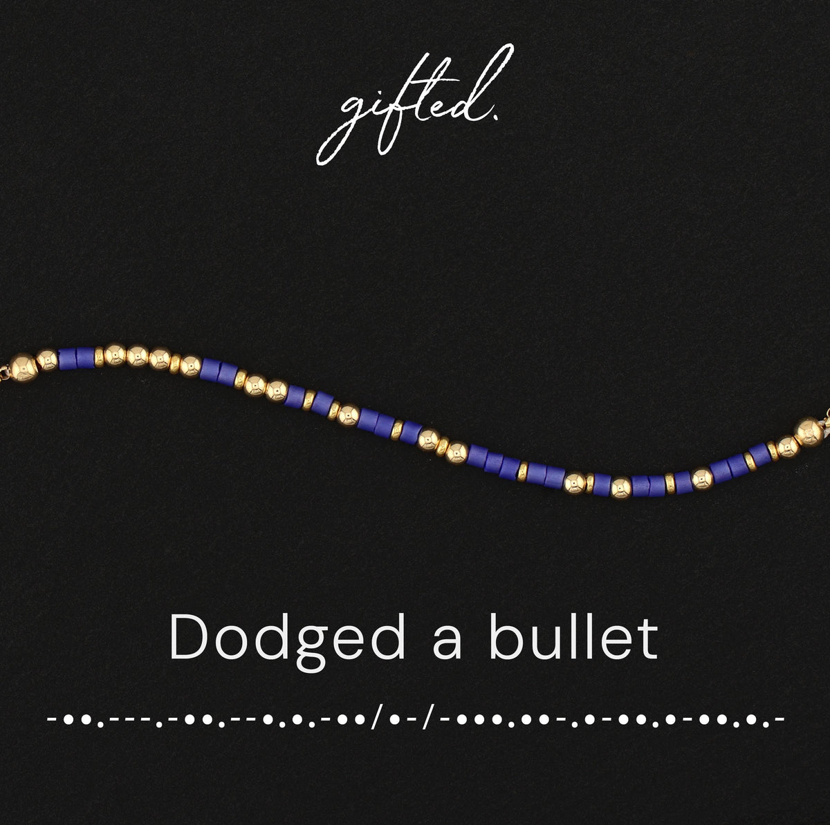 Dodged a Bullet spelled in Morse code in glass and metal beads, shown on black