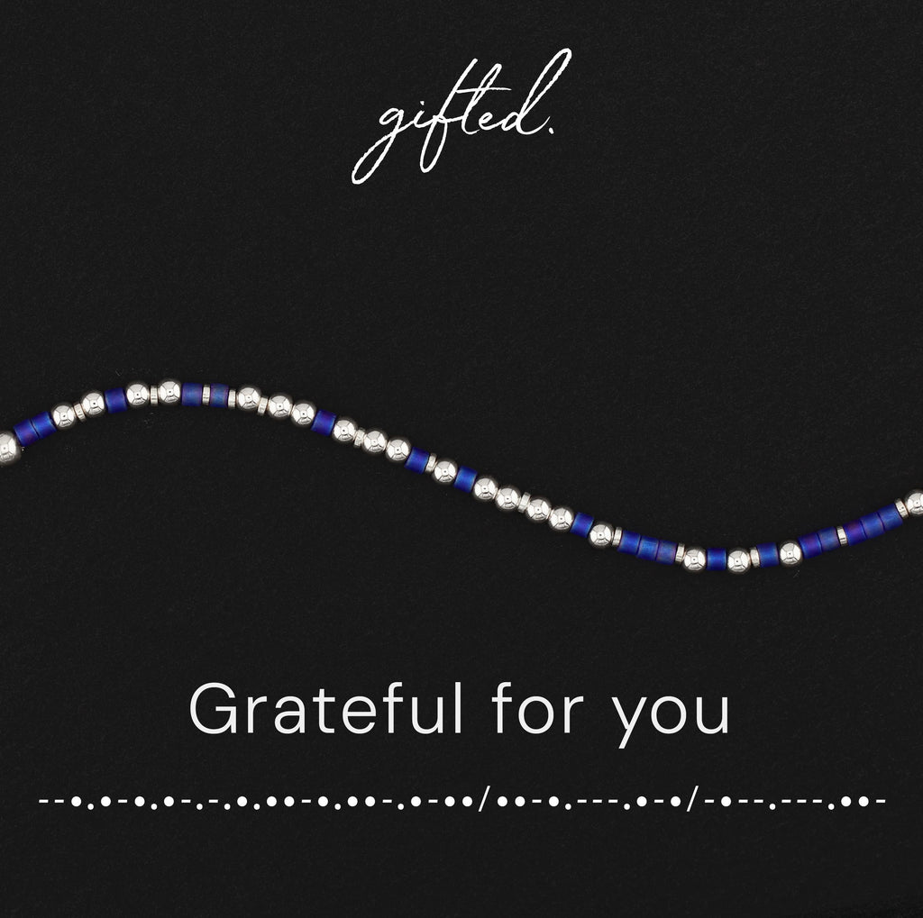 Grateful for you Morse code bracelet in 14k Gold Fill and 925 Sterling Silver with glass beads