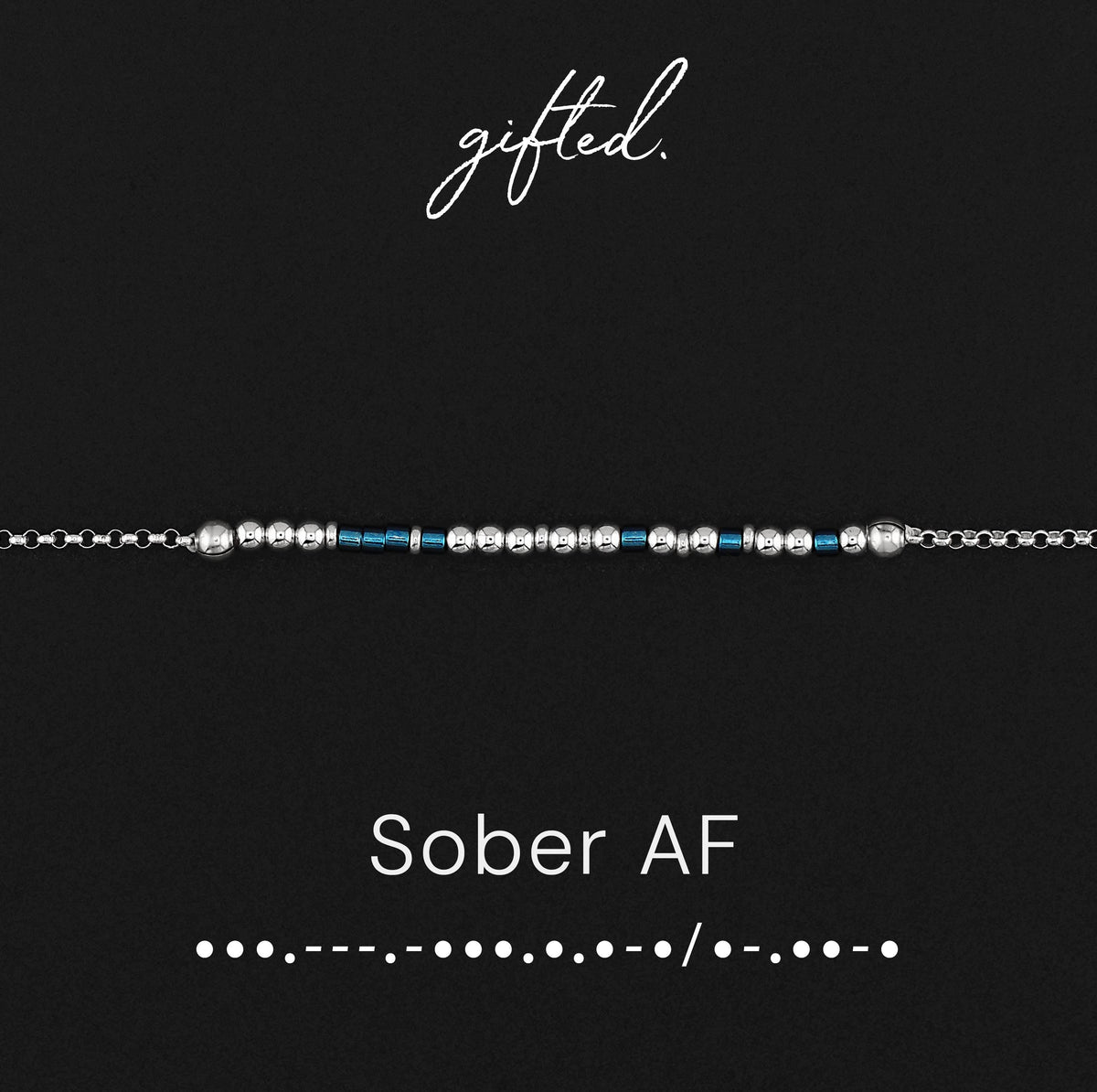 Sober AF spelled in Morse code in glass and metal beads, shown on black