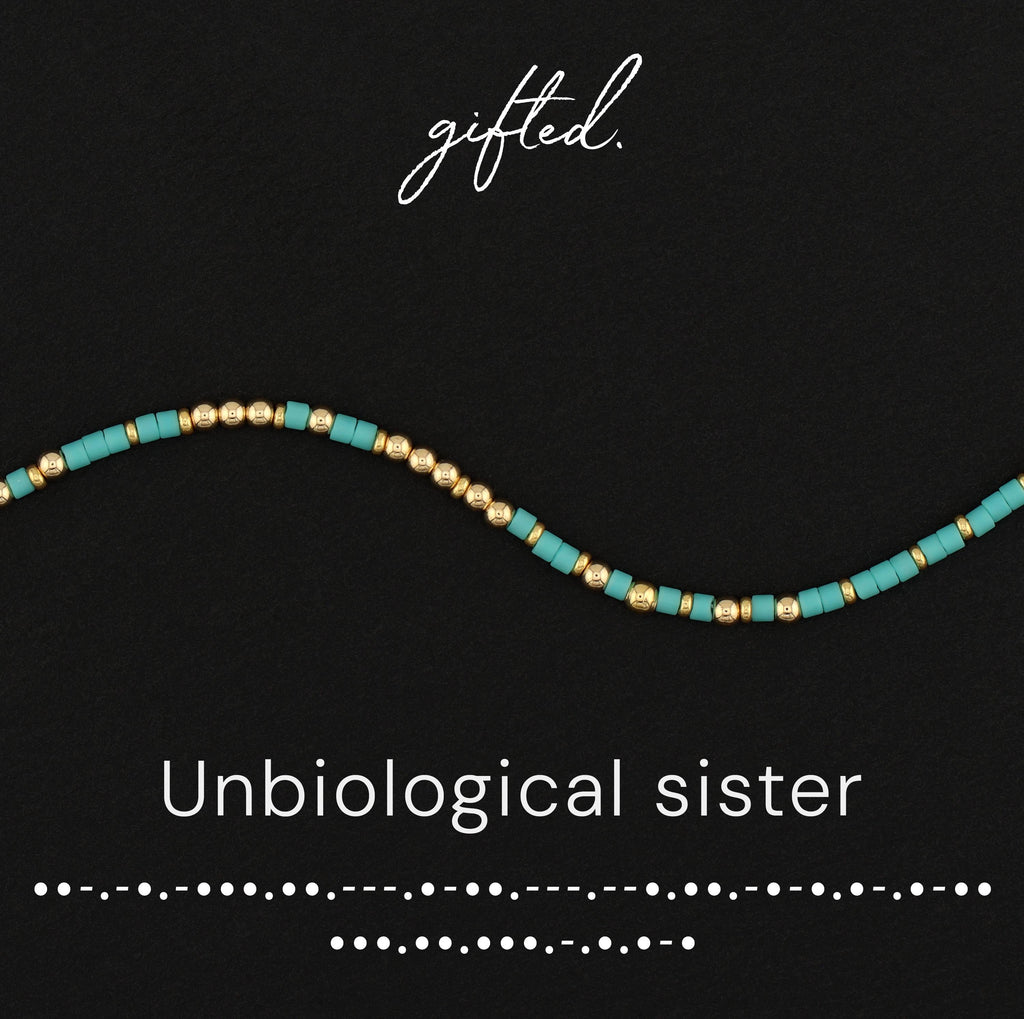 Unbiological sister Morse code bracelet in 14k Gold Fill and 925 Sterling Silver with glass beads