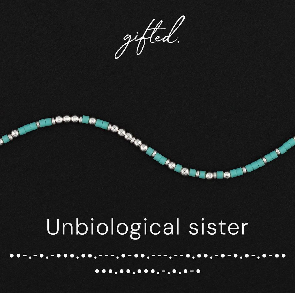 Unbiological sister Morse code bracelet in 14k Gold Fill and 925 Sterling Silver with glass beads