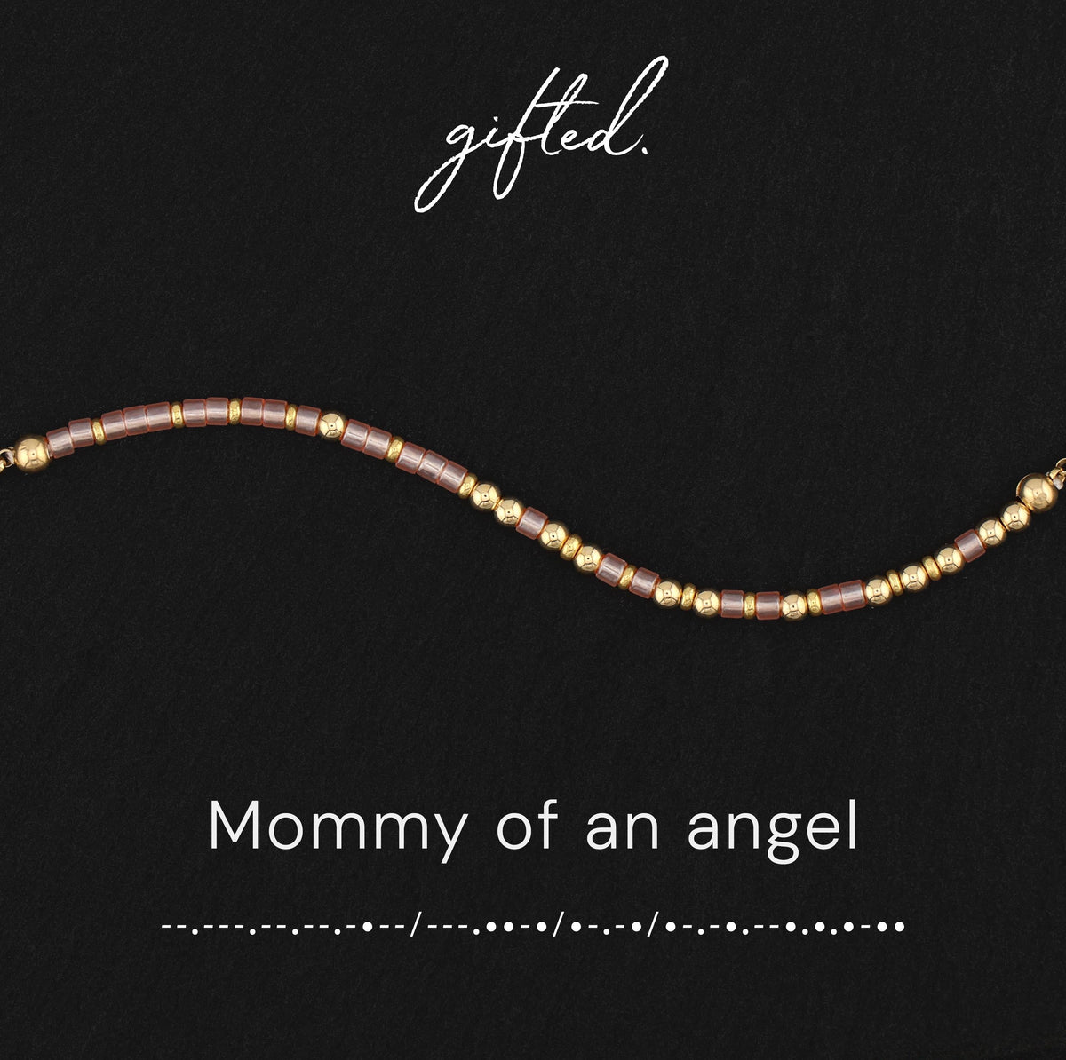 Mommy of an Angel spelled in Morse code in glass and metal beads, shown on black