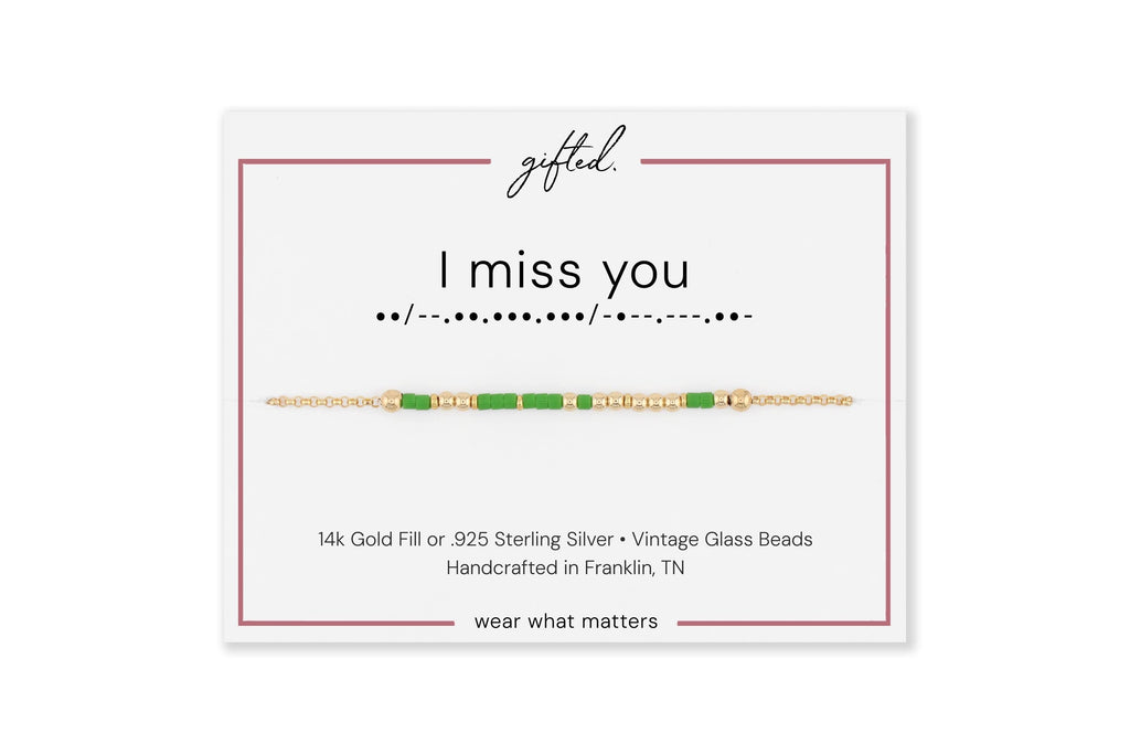 Your own phrase spelled in Morse code on a beaded bracelet, shown on its printed gift card