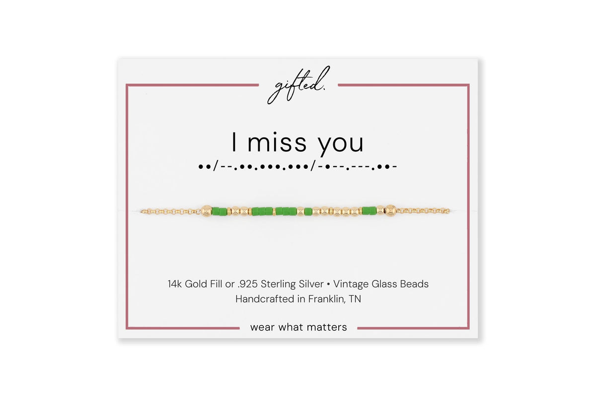 Your own phrase spelled in Morse code on a beaded bracelet, shown on its printed gift card
