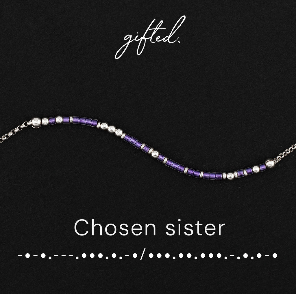 Chosen sister Morse code bracelet in 14k Gold Fill and 925 Sterling Silver with glass beads