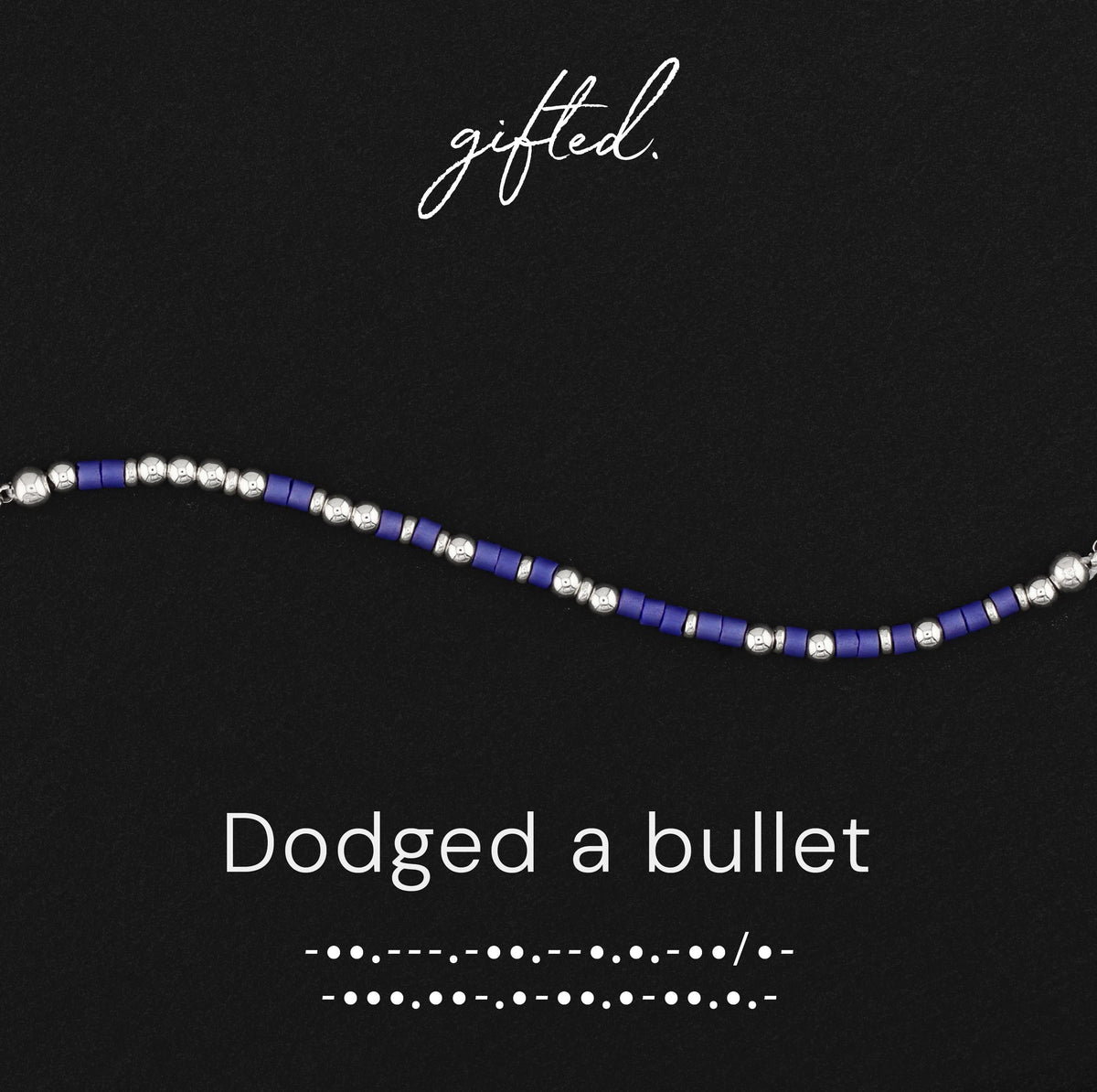 Dodged a Bullet spelled in Morse code in glass and metal beads, shown on black