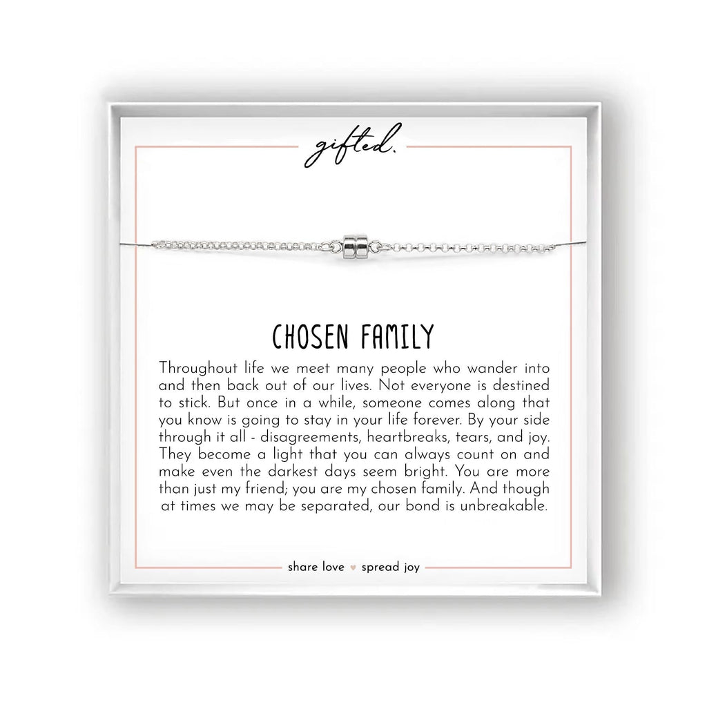 Sterling silver chain with a sterling silver magnetic clasp, on a gifted. card reading Chosen Family.