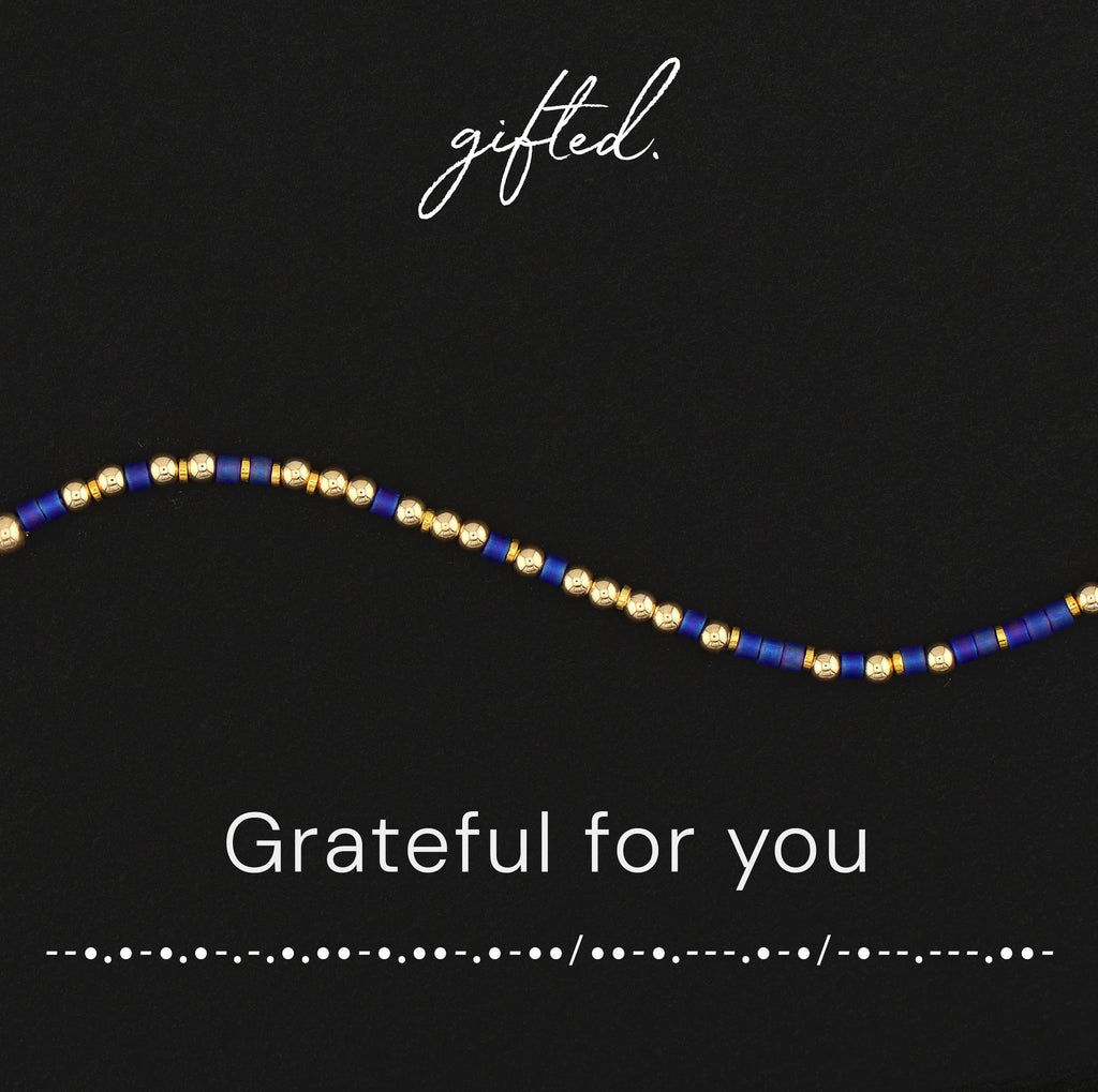 Grateful for you spelled in Morse code in beads on a gifted. card