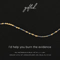 I'd Help You Burn the Evidence spelled in Morse code in glass and metal beads, shown on black