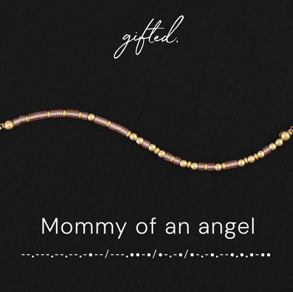 Mommy of an Angel spelled in Morse code in glass and metal beads, shown on black