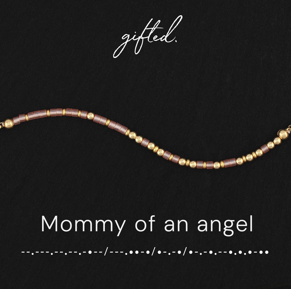 Mommy of an Angel spelled in Morse code in glass and metal beads, shown on black