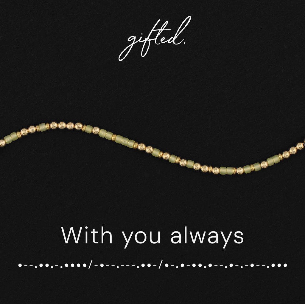 With You Always spelled in Morse code in glass and metal beads, shown on black