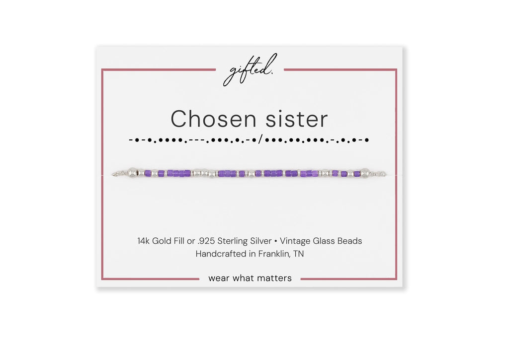 Chosen sister spelled in Morse code in beads on a gifted. card