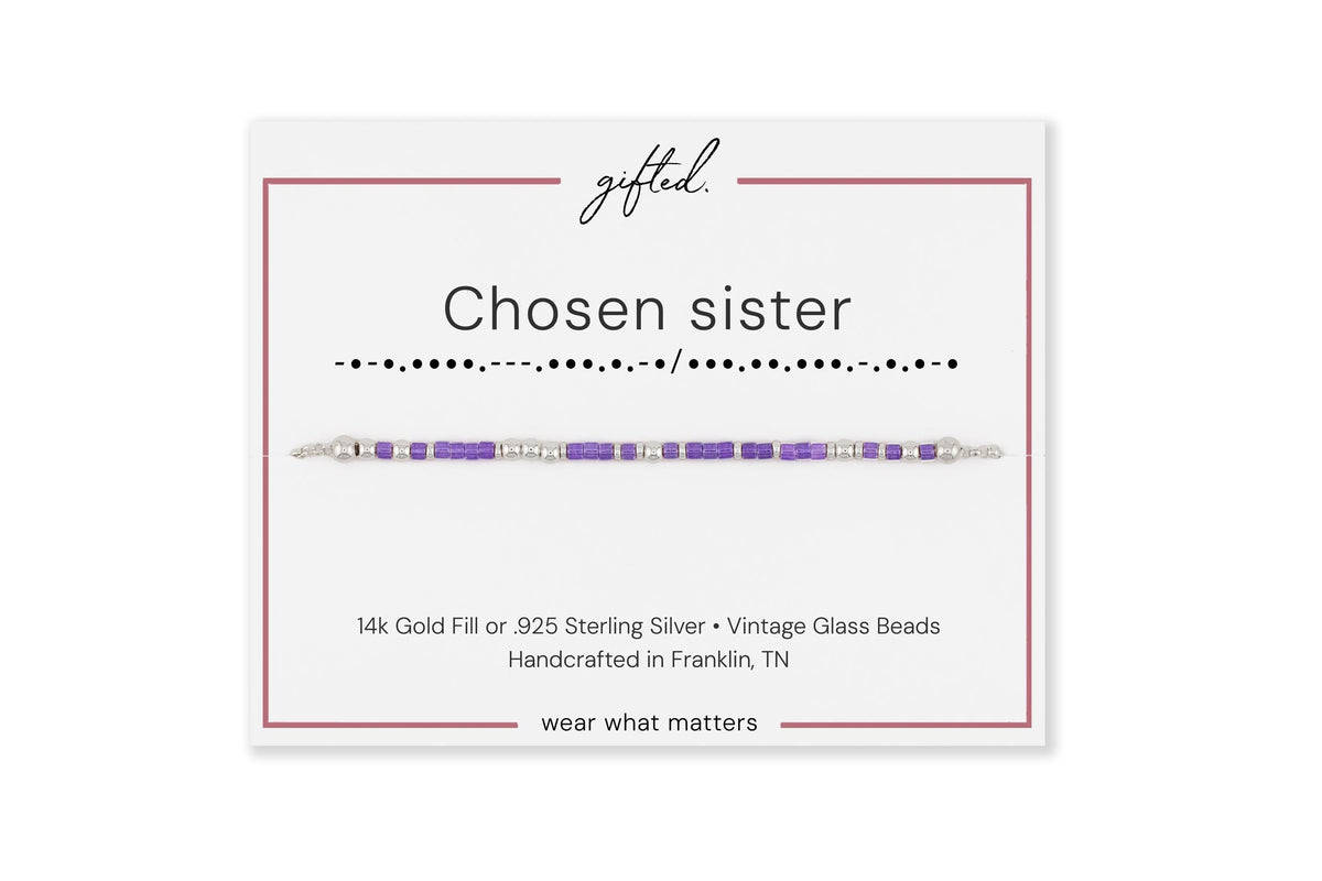 Chosen sister spelled in Morse code in beads on a gifted. card