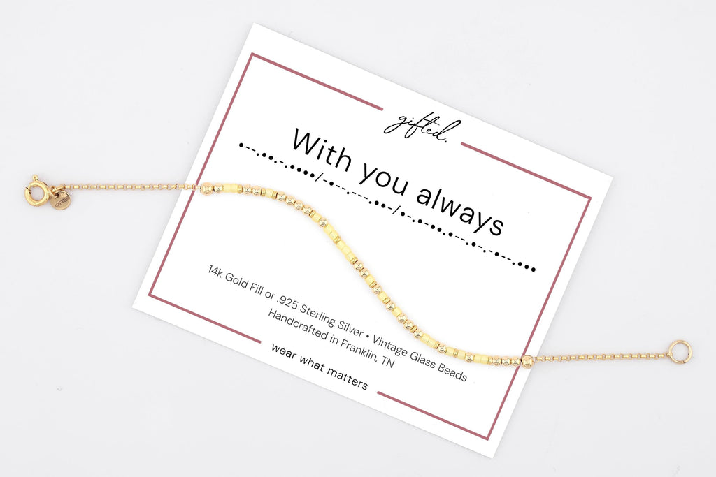 With You Always spelled in Morse code on a beaded bracelet, shown on its printed gift card