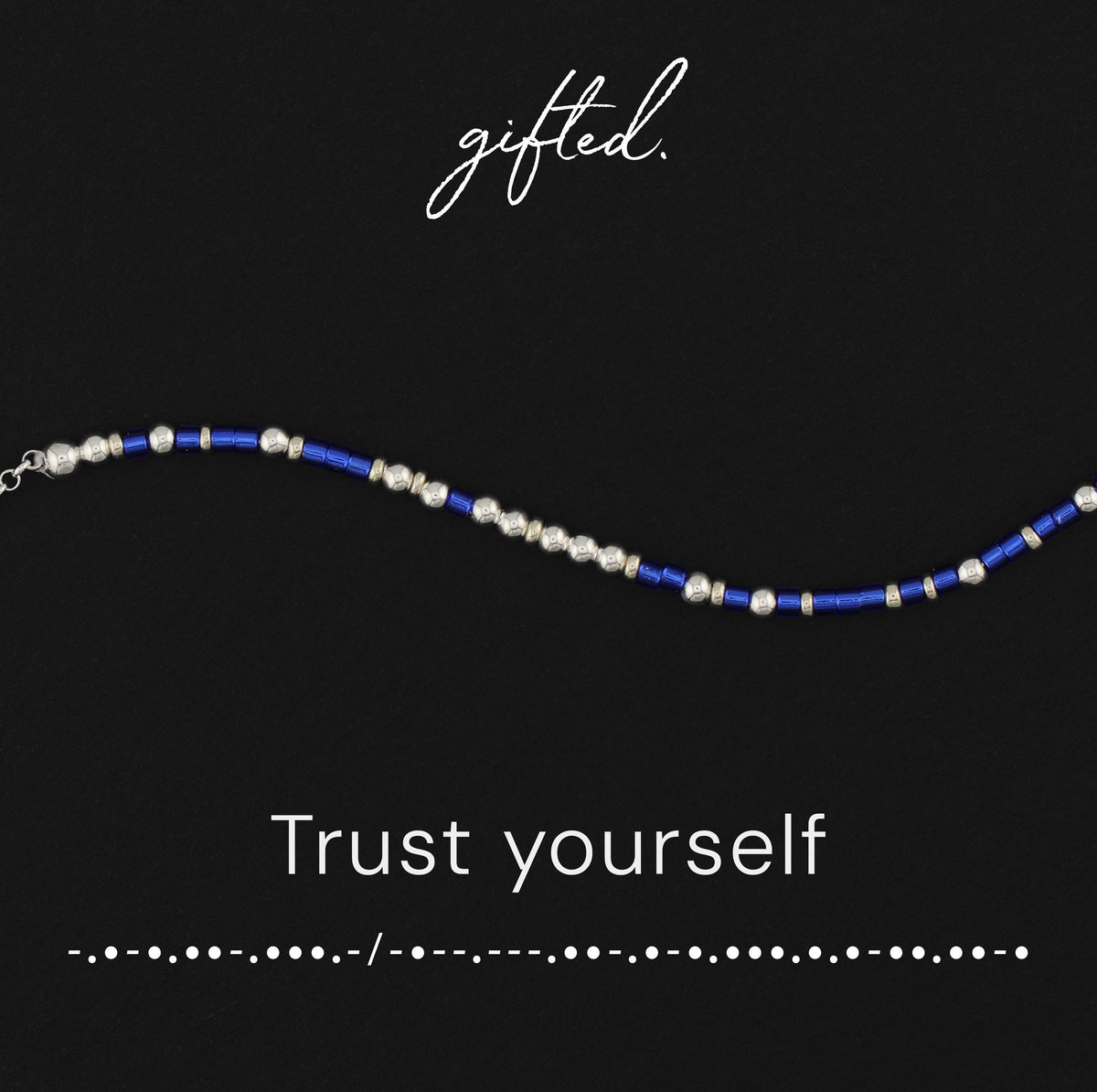 Trust Yourself spelled in Morse code in glass and metal beads, shown on black