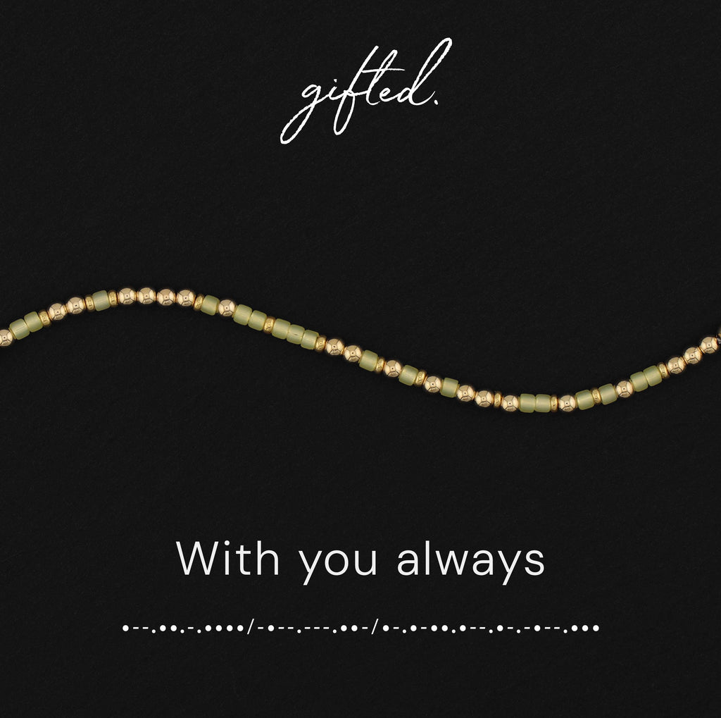 With You Always spelled in Morse code in glass and metal beads, shown on black