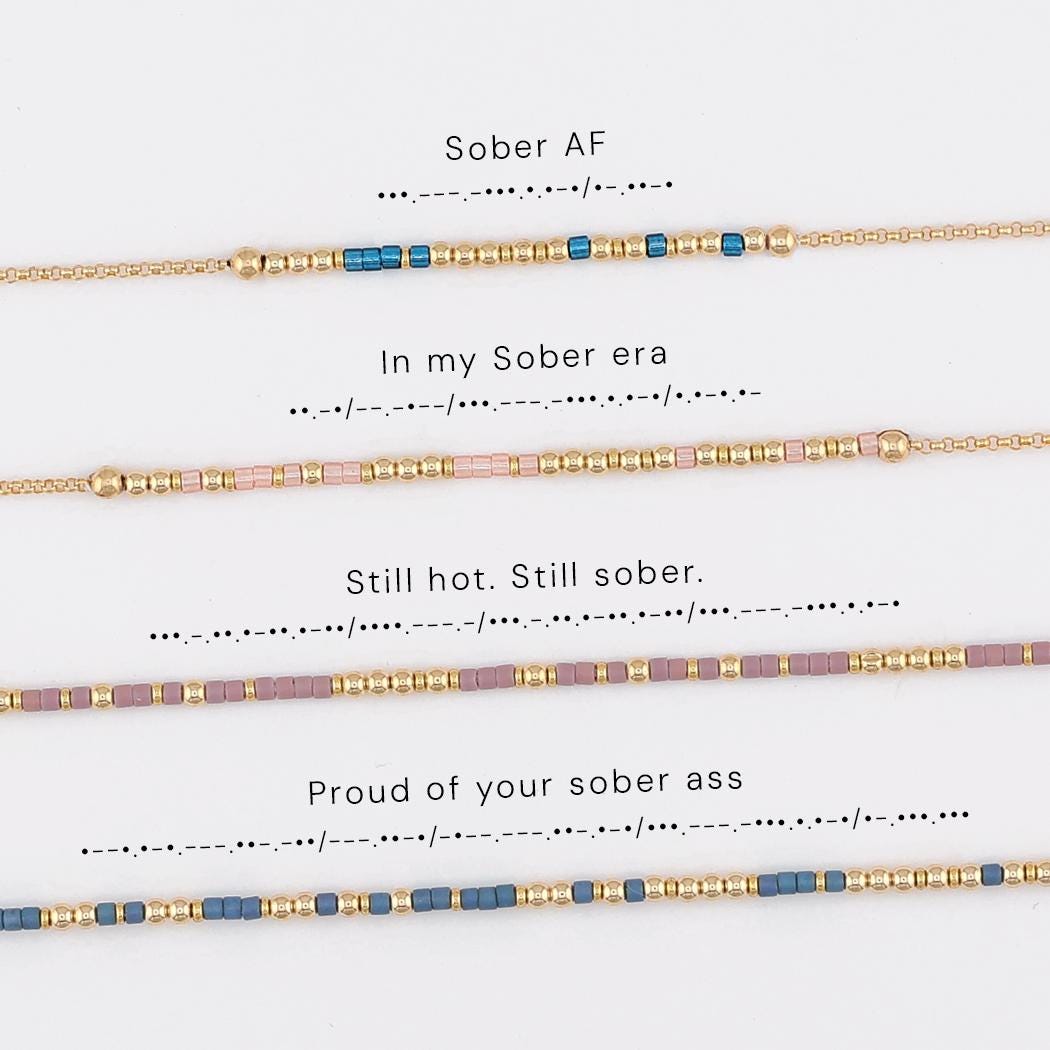 Four sobriety Morse code bracelets shown with their phrases and the dots and dashes that spell them