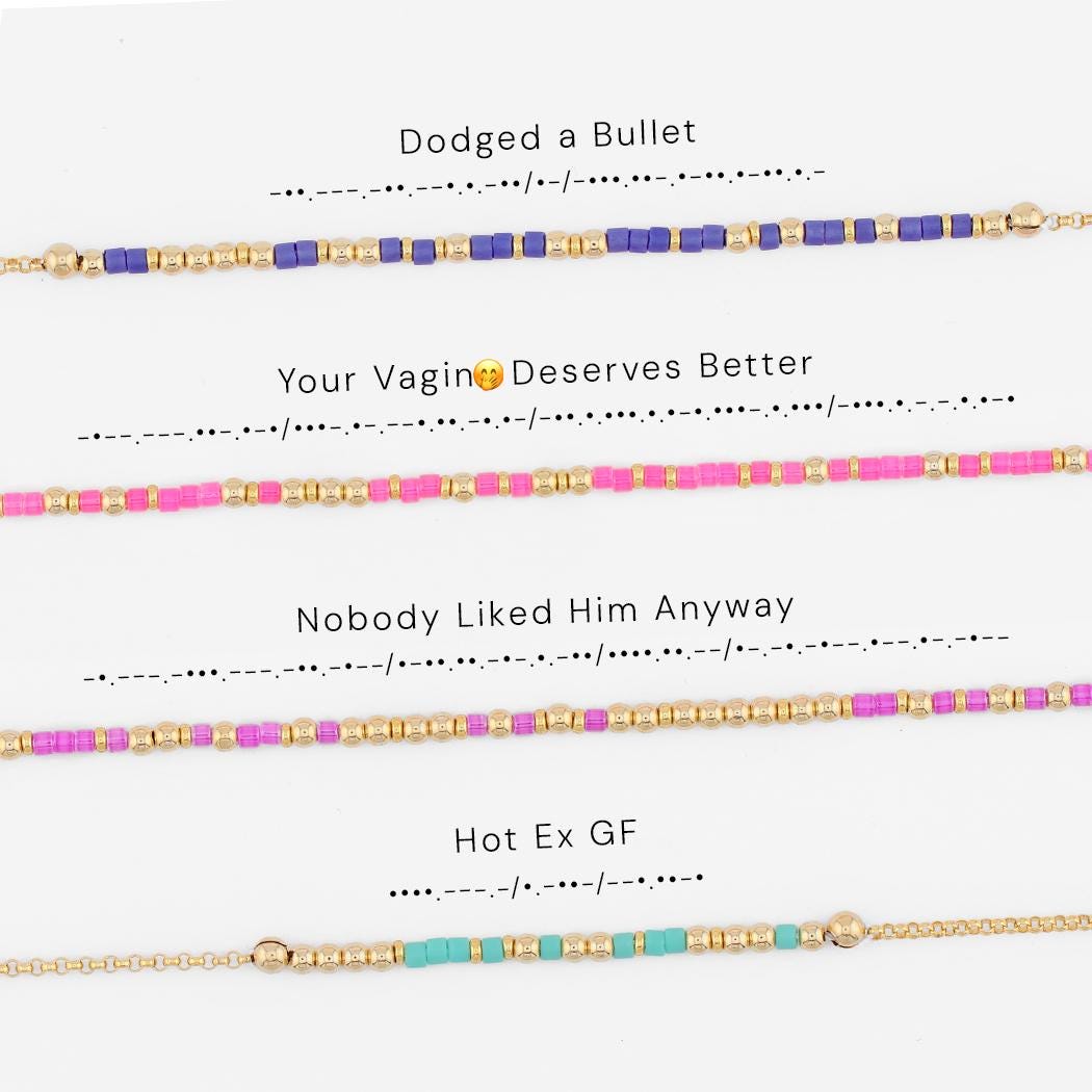 Your own phrase spelled in Morse code on a beaded bracelet, shown on white