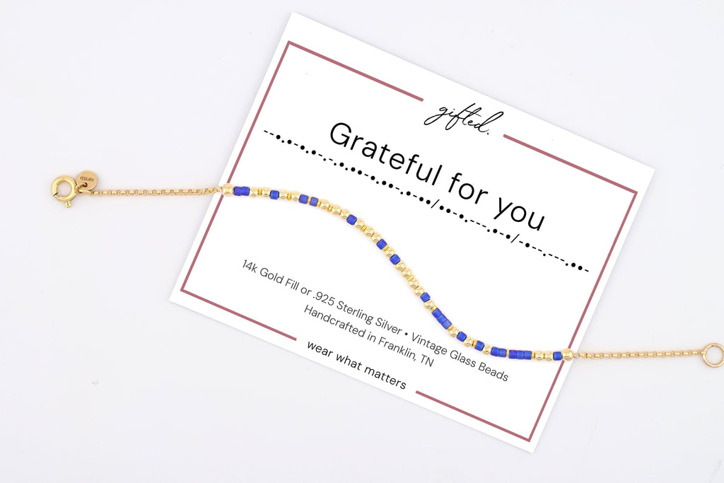 Grateful for you Morse code bracelet in 14k Gold Fill and 925 Sterling Silver with glass beads