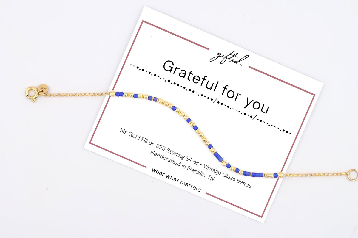 Grateful for you Morse code bracelet in 14k Gold Fill and 925 Sterling Silver with glass beads