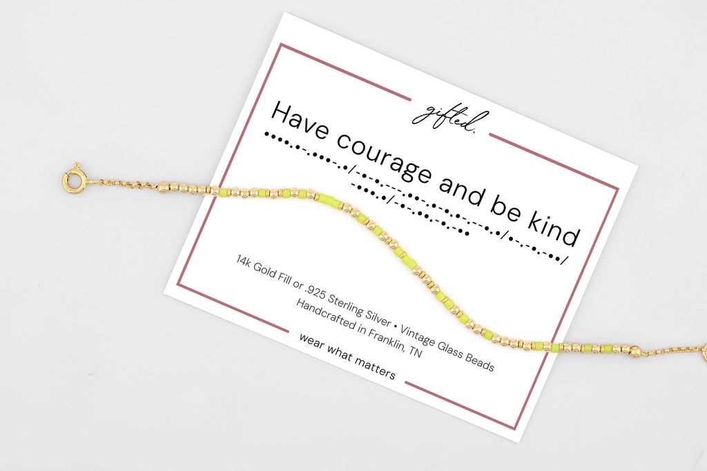 Have courage and be kind Morse code bracelet in 14k Gold Fill and 925 Sterling Silver with glass beads