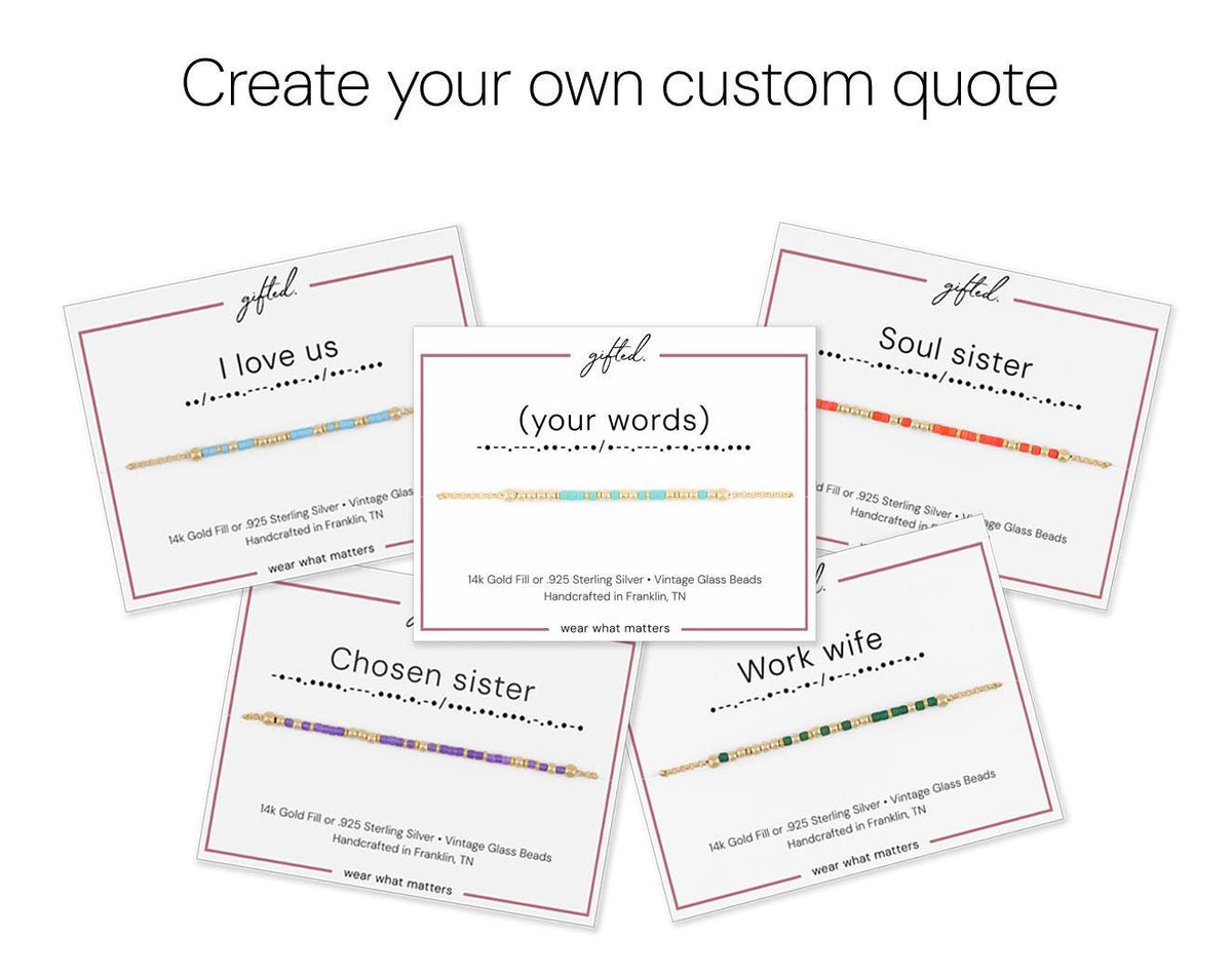 Five sample cards showing custom phrases: I love us, Soul sister, Chosen sister, Work wife, and your words