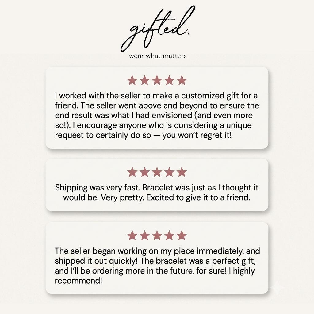 Three five-star customer reviews about custom orders, shipping speed and the finished bracelet