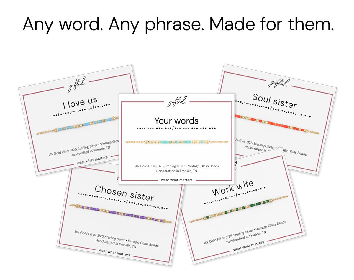 Sample cards reading Any word. Any phrase. Made for them.