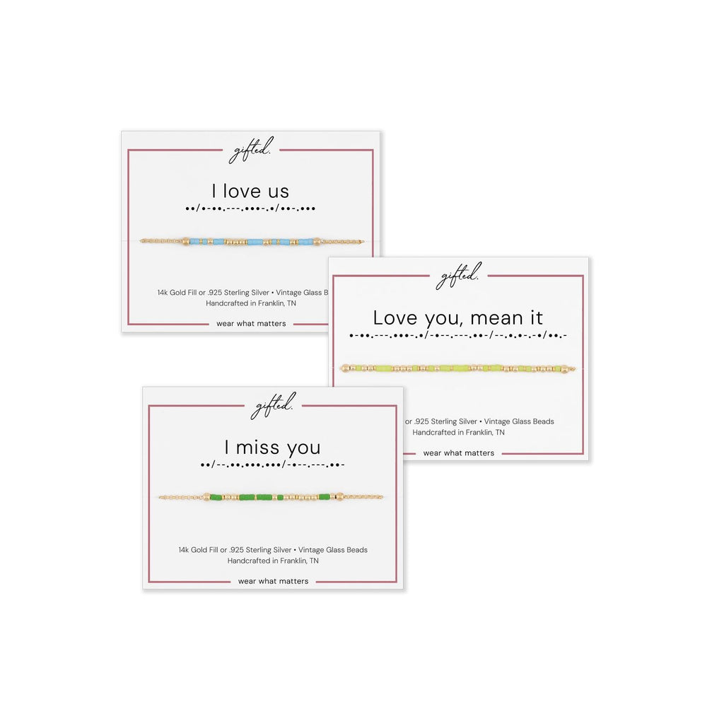 Three gifted. cards showing sample phrases: I love us, Love you mean it, and I miss you