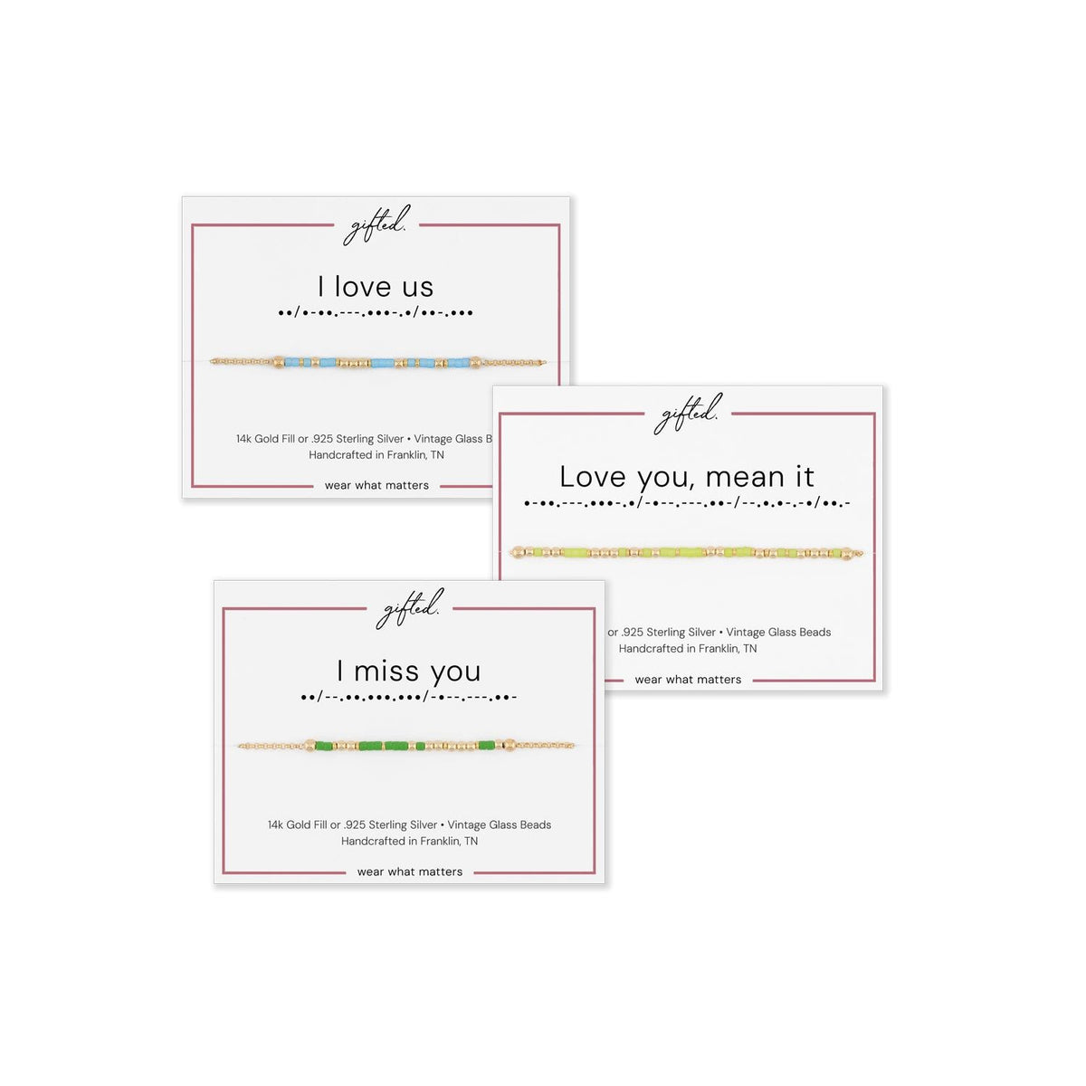 Three gifted. cards showing sample phrases: I love us, Love you mean it, and I miss you